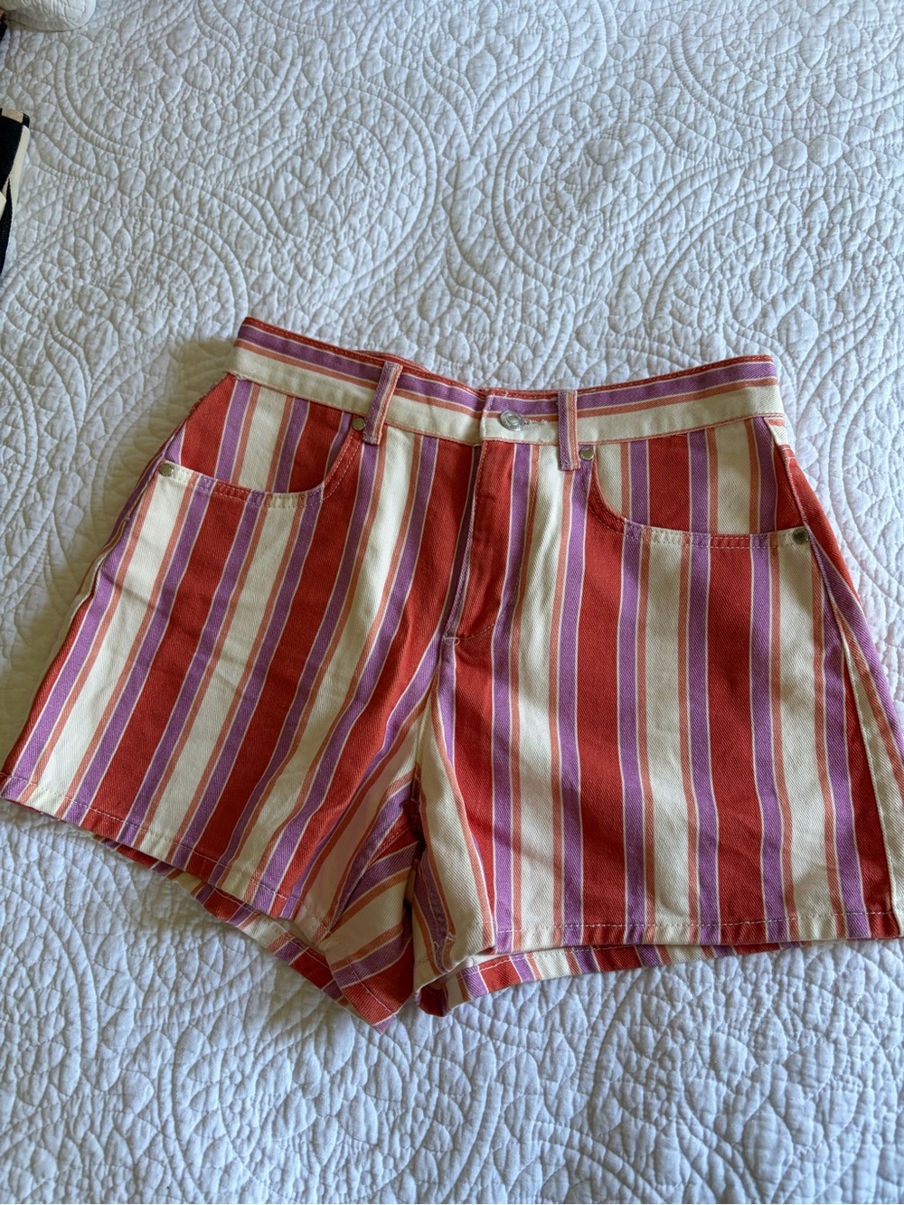 Zara High-Waist Striped Shorts in Red, Cream & Pink